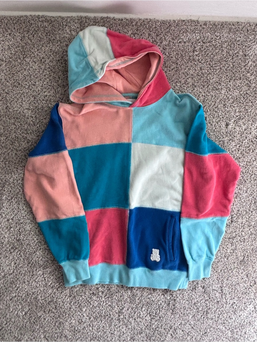 Teddy Fresh Patchwork Colorblock Hoodie in Blue, Teal, Pink & Cream